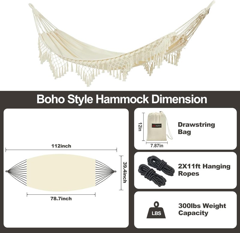 JoyView Boho Macrame Single Hammock with Hanging Ropes & Elegant Tassels 78.8x39.4 Portable Cotton Hammock for Patio Backyard Porch 300LBS Weight Capacity Perfect for Outdoor/Indoor - Beige Color - Image 3